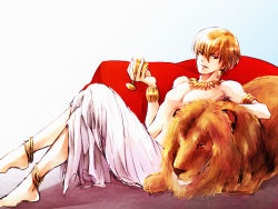 Rule 34 | 1boy, anklet, armlet, barefoot, blonde hair, bracelet, chalice, cup, fate/zero, fate (series), gilgamesh (fate), highres, jewelry, lion, male focus, necklace, red eyes, solo, toga, zattaizm