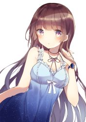 Rule 34 | 1girl, :o, absurdres, arm at side, arm up, black choker, blue dress, blush, bow, breasts, brown hair, choker, cleavage, dress, flower, gradient dress, highres, holding, holding own hair, long hair, looking at viewer, medium breasts, neck ribbon, original, purple eyes, ribbon, shiino sera, simple background, solo, space print, star (symbol), star print, starry sky print, string choker, watch, white background, white bow, wristwatch