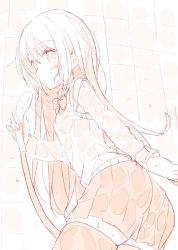 Rule 34 | 1girl, blush, bow, bowtie, breasts, closed mouth, collared shirt, commentary request, fingernails, hair between eyes, holding, holding shower head, long hair, long sleeves, meito (maze), monochrome, original, pleated skirt, school uniform, sepia, shirt, shower head, showering, skirt, small breasts, solo, sweater vest, thighhighs, tile wall, tiles, very long hair, wet, wet clothes, wet shirt, wet skirt