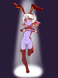Rule 34 | 1girl, absurdres, animal ears, blue skin, blush, breasts, cleft of venus, colored skin, highres, league of legends, meme attire, playboy bunny, pointy ears, pussy, reverse bunnysuit, reverse outfit, short hair, thighhighs, tristana, white hair, yellow eyes, yordle