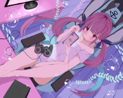 Rule 34 | 1girl, :&gt;, ahoge, air bubble, aqua hair, bare arms, bare legs, blue ribbon, blush, bubble, cellphone, chair, closed mouth, collarbone, colored inner hair, controller, dutch angle, eureka 814, from above, game console, game controller, gaming chair, hair ribbon, highres, hololive, indoors, iphone 11, knee up, looking at phone, minato aqua, monitor, multicolored hair, no pants, panties, phone, purple eyes, purple hair, reclining, ribbon, school of fish, shirt, short sleeves, smartphone, smile, solo, streaked hair, striped clothes, striped panties, swivel chair, t-shirt, underwater, underwear, virtual youtuber, white shirt, wooden floor