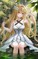 Rule 34 | 1girl, ahoge, alternate hair length, alternate hairstyle, armpit crease, bare arms, bare shoulders, bling (epvc5242), blonde hair, blush, braid, breasts, cleavage, day, dress, feet out of frame, flower, genshin impact, hair flower, hair intakes, hair ornament, highres, holding, holding own hair, leaf, lens flare, lily (flower), long hair, lumine (genshin impact), medium breasts, narrow waist, nature, outdoors, parted bangs, sidelocks, single braid, sitting, sleeveless, sleeveless dress, smile, soaking feet, solo, twitter username, very long hair, water, white dress