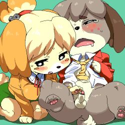 Rule 34 | 1boy, 1girl, agemono, aliasing, animal crossing, bar censor, bell, blush, blush stickers, bottomless, breasts, brother and sister, censored, closed eyes, clothes, digby (animal crossing), dog, erection, furry, green background, handjob, hetero, incest, isabelle (animal crossing), jingle bell, kneeling, large breasts, lowres, necktie, nintendo, no humans, oekaki, penis, pointless censoring, saliva, shirt, siblings, simple background, sitting, skirt, small penis