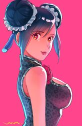 Rule 34 | 1girl, animal print, bare shoulders, black hair, breasts, china dress, chinese clothes, cleavage cutout, clothing cutout, commentary request, double bun, dress, final fantasy, final fantasy vii, final fantasy vii remake, flower, from side, grey dress, hair bun, hair ornament, high collar, highres, large breasts, leopard print, long hair, looking at viewer, looking to the side, official alternate costume, official alternate hairstyle, parted lips, pink background, red eyes, red flower, red lips, signature, solo, swept bangs, tifa lockhart, tifa lockhart (sporty dress), un (6unsun9), upper body