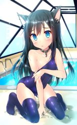 Rule 34 | 1girl, alternate costume, animal ears, asashio (kancolle), black hair, blue eyes, blue one-piece swimsuit, blue thighhighs, blush, breasts, cat ears, closed mouth, collar, collarbone, day, hair between eyes, highres, kantai collection, long hair, looking at viewer, one-piece swimsuit, pool, pool ladder, rei no pool, school swimsuit, school uniform, solo, sparkle, swimsuit, thighhighs, undressing, water, wet, yuuzaki