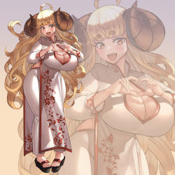 1girl, ahoge, anila (granblue fantasy), blonde hair, blood hood, breasts, chinese clothes, cleavage cutout, clothing cutout, commission, draph, floral print, full body, goat horns, granblue fantasy, heart, heart hands, highres, horns, huge breasts, long hair, sandals, short stack, simple background, smile, solo, thick eyebrows, very long hair, yellow eyes