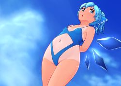 Rule 34 | 1girl, alternate costume, alternate hairstyle, arms behind back, bare shoulders, blue eyes, blue hair, blue one-piece swimsuit, blue ribbon, blue sky, blue theme, blue wings, blush, breasts, cirno, clothing cutout, cloud, collarbone, covered erect nipples, cowboy shot, day, dutch angle, female focus, hair ribbon, ice, ice wings, katsura dendou, light blush, looking at viewer, matching hair/eyes, navel, navel cutout, one-piece swimsuit, one-piece tan, open mouth, outdoors, ponytail, ribbon, shiny skin, short hair, sky, small breasts, solo, standing, stomach, swimsuit, tan, tanline, tanned cirno, touhou, wings