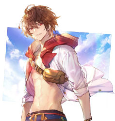 Rule 34 | 1boy, achan (blue semi), ahoge, belt, belt buckle, brown hair, buckle, cloud, fanny pack, granblue fantasy, groin, hood, hood down, hooded jacket, jacket, lens flare, looking at viewer, male focus, navel, official alternate costume, open clothes, open jacket, parted lips, red eyes, sandalphon (granblue fantasy), sandalphon (summer) (granblue fantasy), short hair, solo, stomach
