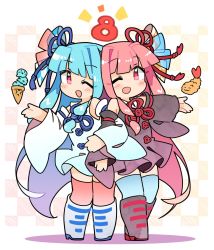 Rule 34 | 2girls, ;d, anniversary, black dress, black footwear, blue hair, boots, checkered background, dress, food, full body, hair ornament, highres, ice cream, ice cream cone, ini (inunabe00), kotonoha akane, kotonoha aoi, long hair, long sleeves, looking at viewer, mint chocolate, mint chocolate chip, multiple girls, one eye closed, open mouth, pink hair, shrimp, shrimp tempura, siblings, sisters, smile, standing, tempura, voiceroid, white dress, white footwear, wide sleeves