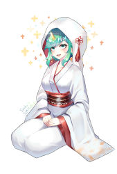 Rule 34 | 1girl, absurdres, alternate costume, alternate hair color, alternate hairstyle, aqua eyes, breasts, bride, full body, green hair, highres, horns, japanese clothes, kimono, league of legends, magical girl, medium breasts, open mouth, single horn, sitting, smile, solo, soraka (league of legends), star guardian (league of legends), star guardian soraka, white kimono