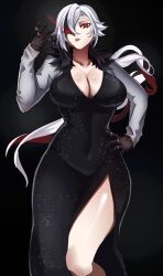 Rule 34 | 1girl, absurdres, arlecchino (genshin impact), black dress, black eyes, breasts, ceroccb, cleavage, commentary, covered navel, dress, feet out of frame, genshin impact, highres, jewelry, large breasts, long hair, long sleeves, looking at viewer, parted lips, ring, solo, standing, thighs, very long hair, white hair