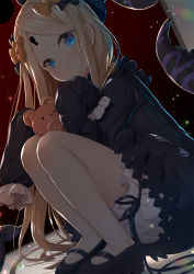 Rule 34 | 1girl, abigail williams (fate), black bow, black dress, black footwear, black hat, blonde hair, bloomers, blue eyes, blush, bow, bug, butterfly, closed mouth, commentary, dress, dutch angle, fate/grand order, fate (series), hair bow, hat, head tilt, highres, hugging object, insect, keyhole, long hair, long sleeves, looking at viewer, mary janes, orange bow, parted bangs, polka dot, polka dot bow, shoes, sleeves past fingers, sleeves past wrists, solo, squatting, stuffed animal, stuffed toy, suction cups, teddy bear, tentacles, underwear, very long hair, white bloomers, yano mitsuki (nanairo)