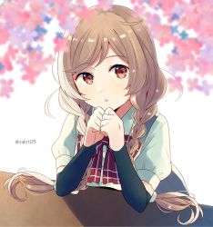 Rule 34 | 1girl, blush, bow, bowtie, braid, elbow rest, floral background, flower, kantai collection, light brown hair, long hair, minegumo (kancolle), red bow, red bowtie, red eyes, school uniform, shadow, shirt, short sleeves, solo, suspenders, twin braids, twitter username, white background, white shirt, yukichi (eikichi)