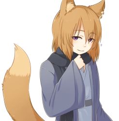 Rule 34 | 1girl, animal ears, catmouth, character request, fox ears, fox tail, japanese clothes, long hair, looking at viewer, purple eyes, scarf, simple background, smile, solo, tail, white background