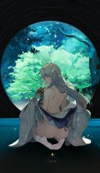 Rule 34 | 1girl, absurdres, ass, back, bad id, bad pixiv id, bare back, bare shoulders, character request, commission, day, from behind, full body, headpiece, highres, holding, japanese clothes, jewelry, kimono, korean text, long hair, long sleeves, looking at viewer, looking back, naked kimono, no bra, no panties, open clothes, open kimono, parted lips, seiza, silver hair, sitting, sleeves past fingers, sleeves past wrists, soles, solo, thighhighs, translation request, tree, unleashed, uthy, very long hair, white thighhighs, yellow eyes