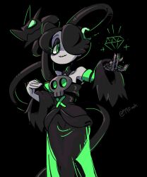 Rule 34 | 770mk, alternate color, black background, black hair, colored skin, detached sleeves, dress, green eyes, grey skin, hair over one eye, see-through, skeletal arm, skullgirls, smile, squigly (skullgirls), stitched mouth, stitches, zombie