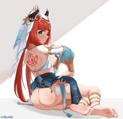Rule 34 | 1girl, absurdres, aqua eyes, artist name, ass, back tattoo, blue nails, blunt bangs, clothes lift, commentary request, fake horns, feet, from behind, genshin impact, hand up, harem outfit, highres, horns, lifted by self, long hair, looking at viewer, looking back, nilou (genshin impact), open mouth, pelvic curtain, pelvic curtain lift, red hair, rikka006, saliva, saliva trail, simple background, sitting, soles, solo, tattoo, thighlet, toes, twintails, veil, vision (genshin impact), yokozuwari