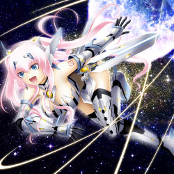 Rule 34 | 1girl, bad id, bad pixiv id, blue eyes, breasts, highres, kuromayu, large breasts, long hair, megurine luka, open mouth, pink hair, solo, space, star (sky), vocaloid