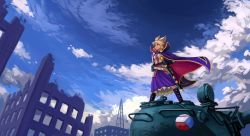Rule 34 | 1girl, belt, blonde hair, boots, breasts, brown eyes, building, cape, cloud, cloudy sky, day, female focus, frown, gloves, high collar, highres, holding, holding sword, holding weapon, legs apart, long skirt, medium breasts, on vehicle, outdoors, purple cape, ruins, scabbard, scenery, sheath, sheathed, shirt, skirt, sky, solo, standing, standing on object, sword, t-55, tank top, touhou, toyosatomimi no miko, u-joe, weapon, white shirt, wide shot