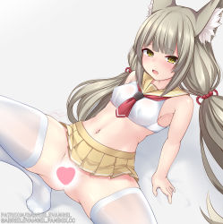 Rule 34 | 1girl, animal ears, censored, gabriel evangel, highres, long hair, low twintails, microskirt, nia (blade) (xenoblade), nia (xenoblade), no panties, paid reward available, patreon username, school uniform, serafuku, simple background, skirt, solo, spoilers, spread legs, thighhighs, twintails, white background, white thighhighs, xenoblade chronicles (series), xenoblade chronicles 2