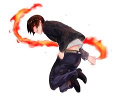 Rule 34 | 1boy, bad id, bad link, bad twitter id, brown eyes, brown hair, denim, fire, from behind, hand in pocket, jacket, jeans, jumping, juu satoshi, kusanagi kyou, leather, leather jacket, looking at viewer, looking back, male focus, pants, parted hair, pointing, pyrokinesis, short hair, solo, the king of fighters