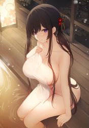 Rule 34 | 1girl, arm support, bath, black hair, blush, breasts, closed mouth, collarbone, commentary request, covering privates, flower, hair bun, hair ornament, highres, lantern, large breasts, long hair, looking at viewer, miko (royal milk), mole, mole on breast, naked towel, navel, night, nude, nude cover, onsen, original, paper lantern, partially submerged, purple eyes, sidelocks, single hair bun, sitting, smile, snow, solo, towel, wet, wooden floor
