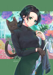 Rule 34 | 1girl, animal, animal on shoulder, black cat, black hair, black sweater, brown gloves, cat, cat on shoulder, chon chiyon, closed mouth, closed umbrella, colored sclera, flower, gloves, green eyes, grey jacket, highres, holding, holding plant, jacket, jewelry, looking at viewer, original, plant, purple flower, red flower, ribbed sweater, single glove, smile, solo, sweater, umbrella, unworn jacket, yellow sclera