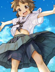 Rule 34 | 1girl, blush, brown hair, cloud, day, female focus, open mouth, original, outstretched arms, pleated skirt, school uniform, short hair, shorts, shorts under skirt, skirt, solo, spread arms, teeth, tessaku ro