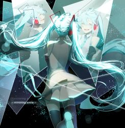 Rule 34 | 1girl, aqua eyes, aqua hair, detached sleeves, from behind, hatsune miku, headphones, highres, light particles, long hair, necktie, open mouth, profile, reflection, saihate (saihate d3), smile, solo, standing, standing on one leg, thighhighs, twintails, vocaloid