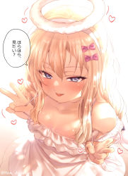 Rule 34 | 1girl, bad anatomy, bad arm, bad id, bad twitter id, blonde hair, blue eyes, blush, bow, closed mouth, collarbone, double v, dress, grecale (kancolle), hair bow, hairband, heart, juurouta, kantai collection, long hair, pink bow, short sleeves, smile, solo, speech bubble, tongue, tongue out, translation request, twitter username, v, white background, white dress, white hairband
