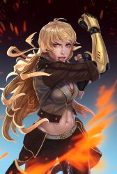 Rule 34 | 1girl, blonde hair, breasts, brown jacket, fingerless gloves, g21mm, gloves, highres, jacket, lips, long hair, medium breasts, midriff, navel, nose, orange scarf, prosthesis, prosthetic arm, realistic, red eyes, rwby, scarf, solo, upper body, wavy hair, yang xiao long