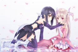 Rule 34 | 2girls, alc (ex2 lv), all fours, arm support, bad id, bad pixiv id, blush, boots, detached sleeves, fate/kaleid liner prisma illya, fate (series), flower, hair ornament, hair ribbon, hand in another&#039;s hair, highres, illyasviel von einzbern, lily (flower), long hair, magical girl, miyu edelfelt, multiple girls, petals, pink eyes, pink footwear, pink legwear, prisma illya, purple legwear, ribbon, silver hair, sitting, thigh boots, thighhighs, two side up, yellow eyes, yuri