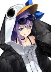 Rule 34 | 1girl, :q, animal hood, arm up, bare shoulders, black jacket, blue eyes, blush, closed mouth, collarbone, commentary request, eyewear on head, fate/extra, fate/extra ccc, fate (series), hair between eyes, highres, hood, hood up, hooded jacket, jacket, long hair, long sleeves, looking at viewer, meltryllis (fate), meltryllis (swimsuit lancer) (first ascension) (fate), nuqura, penguin hood, purple-framed eyewear, purple hair, simple background, sleeves past fingers, sleeves past wrists, smile, solo, sunglasses, tongue, tongue out, upper body, white background