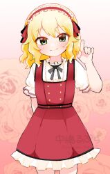 Rule 34 | 1girl, arm up, artist name, black bow, black bowtie, blonde hair, blush, bow, bowtie, closed mouth, commentary request, dot nose, dress, floral background, frilled dress, frilled shirt collar, frilled sleeves, frills, gradient background, green eyes, hair between eyes, hairband, idolmaster, idolmaster cinderella girls, idolmaster cinderella girls u149, lolita hairband, long sleeves, looking at viewer, medium hair, mixed-language commentary, nakajima lupus, pantyhose, pinafore dress, red background, red dress, sakurai momoka, sleeveless, sleeveless dress, smile, solo, standing, white pantyhose