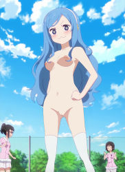 Rule 34 | + +, 3girls, :3, absurdres, blue hair, breasts, chain-link fence, closed eyes, closed mouth, cloud, fence, glasses, highres, himouto! umaru-chan, multiple girls, navel, nipples, nude, nude filter, open mouth, outdoors, pussy, screencap, sky, sportswear, standing, tachibana sylphynford, tennis uniform, third-party edit, tree