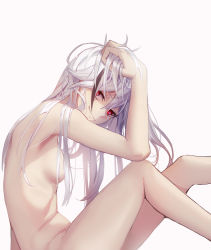 Rule 34 | 1girl, breasts, closed mouth, completely nude, freze, fu hua, fu hua (herrscher of sentience), fu hua (onyx simurgh) (herrscher of sentience), honkai (series), honkai impact 3rd, long hair, looking at viewer, multicolored hair, nude, red eyes, silver hair, smile, solo, streaked hair, white background