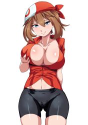 Rule 34 | 1girl, bandana, bike shorts, blue eyes, breasts, brown hair, cameltoe, cleavage, cleft of venus, closed mouth, collarbone, cowboy shot, creatures (company), game freak, gluteal fold, grabbing, grabbing another&#039;s breast, highres, large breasts, looking at viewer, may (pokemon), navel, nico-mo, nintendo, pokemon, pokemon rse, shiny skin, short sleeves, sidelocks, simple background, smile, solo, standing, white background