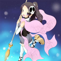 Rule 34 | 1girl, artist request, bare shoulders, black hair, broom, choker, cross-laced clothes, cross-laced legwear, detached sleeves, dress, elysia de lute ima, hair ornament, kami nomi zo shiru sekai, light particles, long hair, open mouth, ponytail, purple eyes, scarf, skull hair ornament, smile, solo, thighhighs, white thighhighs