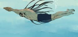 Rule 34 | 1boy, air bubble, black hair, blue background, bubble, chengongzi123, commentary, goggles, golden kamuy, highres, long hair, male focus, male swimwear, oosawa fusatarou, sideburns, swim goggles, swim trunks, swimming, symbol-only commentary, toned, toned male, topless male, underwater, very long hair