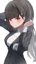 Rule 34 | 1girl, absurdres, adjusting hair, alternate hairstyle, black hair, blue archive, blush, breasts, formal, guree (haiiro), hair ornament, hairpin, highres, id card, large breasts, long hair, long sleeves, parted lips, ponytail, red eyes, rio (blue archive), simple background, solo, suit, sweater, turtleneck, turtleneck sweater, upper body, white background, white sweater