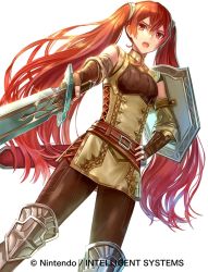 Rule 34 | 1girl, 46, armor, belt, bent over, company connection, company name, fingerless gloves, fire emblem, fire emblem awakening, fire emblem cipher, framed breasts, gloves, hand on own hip, holding, holding weapon, long hair, looking at viewer, nintendo, official art, open mouth, red eyes, red hair, severa (fire emblem), shield, siro (asteblanc), solo, sword, thighhighs, twintails, weapon, white background