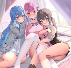 Rule 34 | 3girls, ahoge, black choker, blue eyes, blue hair, blush, braid, breasts, brown hair, brown skirt, cardigan, cat hair ornament, choker, clothing cutout, dress shirt, earrings, frilled skirt, frills, green eyes, grey cardigan, grey shirt, hair between eyes, hair ornament, hand in thighhighs, high-waist skirt, highres, hololive, hoshimachi suisei, hoshimachi suisei (school uniform), indoors, jewelry, leaning on person, locked arms, long hair, looking at viewer, medium breasts, minato aqua, minato aqua (school uniform), multiple girls, natsuiro matsuri, natsuiro matsuri (casual), on bed, open mouth, pink skirt, pink sweater, plaid, plaid skirt, pleated skirt, purple eyes, purple hair, ringlets, sailor collar, saki (saki paint), shirt, shoulder cutout, sitting, skirt, smile, sweater, thighhighs, thighs, very long hair, virtual youtuber, white shirt, white skirt, white thighhighs, wing collar, x hair ornament, yokozuwari