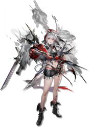 Rule 34 | 1girl, :d, antennae, arknights, bare legs, black footwear, black shirt, black shorts, boots, crop top, full body, grey hair, highres, horns, jacket, liduke, long sleeves, looking at viewer, midriff, navel, official art, open mouth, orange eyes, red jacket, shirt, short hair, short shorts, shorts, smile, solo, standing, stomach, thighs, transparent background, w (arknights), wis&#039;adel (arknights)