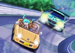 Rule 34 | 39, bare shoulders, blouse, blush, bmw, car, commentary, crowd, crying, crying with eyes open, driving, gapinelu, grey shirt, hair ribbon, hatsune miku, headlight, highres, long hair, motor vehicle, nurburgring, open mouth, outdoors, race vehicle, racecar, racetrack, ribbon, scared, seatbelt, shirt, sleeveless, sleeveless shirt, spoiler (automobile), sweat, tears, turn pale, twintails, vehicle focus, vocaloid, wide-eyed