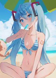 Rule 34 | 1girl, absurdres, arm tattoo, bare arms, bare legs, beach, bikini, blue bikini, blue eyes, blue hair, blush, breasts, cloud, collarbone, daminminmin, day, eating, food, front-tie bikini top, front-tie top, hair between eyes, hair ornament, halterneck, hatsune miku, head tilt, highres, holding, holding food, indian style, long hair, navel, number tattoo, ocean, open mouth, outdoors, parasol, popsicle, sitting, small breasts, solo, striped bikini, striped clothes, summer, swimsuit, tattoo, twintails, umbrella, very long hair, vocaloid