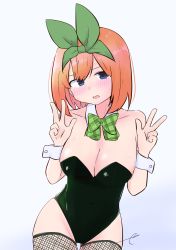 Rule 34 | 1girl, bare shoulders, blue background, blush, bow, breasts, bunny day, check commentary, cleavage, collar, collarbone, commentary, commentary request, covered navel, cowboy shot, detached collar, double w, eyebrows hidden by hair, fishnet thighhighs, fishnets, go-toubun no hanayome, gradient background, green bow, green leotard, green ribbon, grey background, hair ribbon, hands up, highres, kujou karasuma, leotard, looking at viewer, medium breasts, nakano yotsuba, orange hair, parted lips, playboy bunny, ribbon, signature, solo, strapless, strapless leotard, sweat, thighhighs, w, white collar, wing collar, wrist cuffs