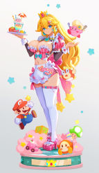 Rule 34 | 1-up mushroom, 1girl, 2boys, ? block, altar, apron, back bow, blonde hair, blouse, blue eyes, blue overalls, blush stickers, bow, breasts, brooch, candy, character name, checkered floor, cleavage, cleavage cutout, clothing cutout, collar, creature, crown, crown (symbol), double cherry, earrings, facial hair, facing viewer, fire flower, fish, food, fork, full body, gloves, gradient background, green eyes, heart, high heels, highres, jewelry, jumping, kirby, kirby (series), kirby and the forgotten land, large breasts, legs together, lollipop, long hair, looking at viewer, mario, mario (series), maxim tomato, microskirt, midriff, multiple boys, mushroommirror, mustache, navel, nintendo, no bra, overalls, pantyhose, paper mario, parasol, parfait, pink bow, pink footwear, pink skirt, princess peach, puffy sleeves, red sweater, shirt, simple background, skindentation, skirt, smile, spoon, star (symbol), star rod, striped clothes, striped shirt, super mario bros. 1, super mushroom, super star (mario), sweater, sweets, swirl lollipop, thighhighs, tray, umbrella, vertical-striped clothes, vertical-striped shirt, very long hair, waist apron, waitress, waitress uniform, white apron, white background, white collar, white gloves, white thighhighs, wing collar