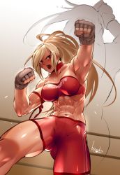 Rule 34 | 1girl, abs, arm ribbon, armpits, blonde hair, bowalia, boxing gloves, boxing ring, boxing shorts, breasts, commentary request, cowboy shot, fighting stance, fingerless gloves, long hair, medium breasts, mixed martial arts, mma gloves, muscular, muscular female, navel, open mouth, original, ponytail, raised fist, red eyes, red ribbon, ribbon, shorts, signature, solo, sports bra