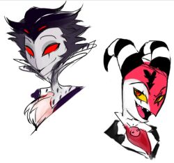 2boys blitzo_(helluva_boss) closed_mouth colored_sclera demon_boy helluva_boss huan1034097 looking_at_viewer male_focus multiple_boys open_mouth owl_boy portrait red_eyes red_sclera sharp_teeth simple_background smile stolas_(helluva_boss) teeth white_background yellow_sclera