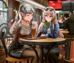 Rule 34 | absurdres, adjusting hair, ak-12 (girls&#039; frontline), an-94 (girls&#039; frontline), bad id, bad pixiv id, bag, belt, black legwear, black pants, black skirt, blonde hair, blue eyes, blush, braid, breasts, brown sweater, cafe, casual, choker, closed mouth, collarbone, cup, denim, denim jacket, drinking straw, elbow rest, french braid, girls&#039; frontline, hair between eyes, hair ribbon, hairband, half-closed eye, highres, holding, holding cup, holding drinking straw, indoors, jacket, jewelry, legs together, long hair, long sleeves, looking at another, multiple boys, multiple girls, necklace, one eye closed, open mouth, pants, pantyhose, purple eyes, ribbon, shirt, shopping bag, sidelocks, silver hair, sitting, skirt, sleeves rolled up, smile, sweater, table, tray, tress ribbon, turisasu, very long hair